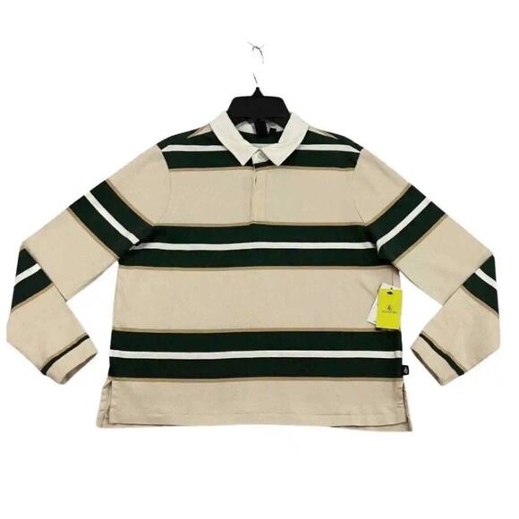 Volcom Volarco Long Sleeve Polo Shirt L 100% Cotton Boxy Striped Cream Green - Picture 11 of 12